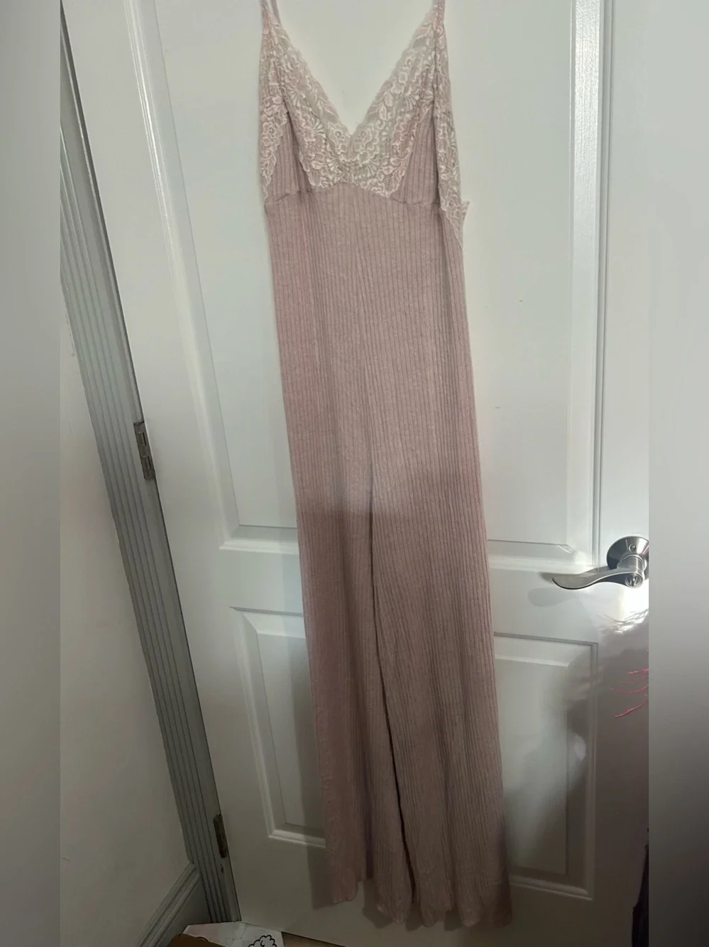 Free People About Time Ribbed Knit Lace wide Leg Jumpsuit Size M chic coquette